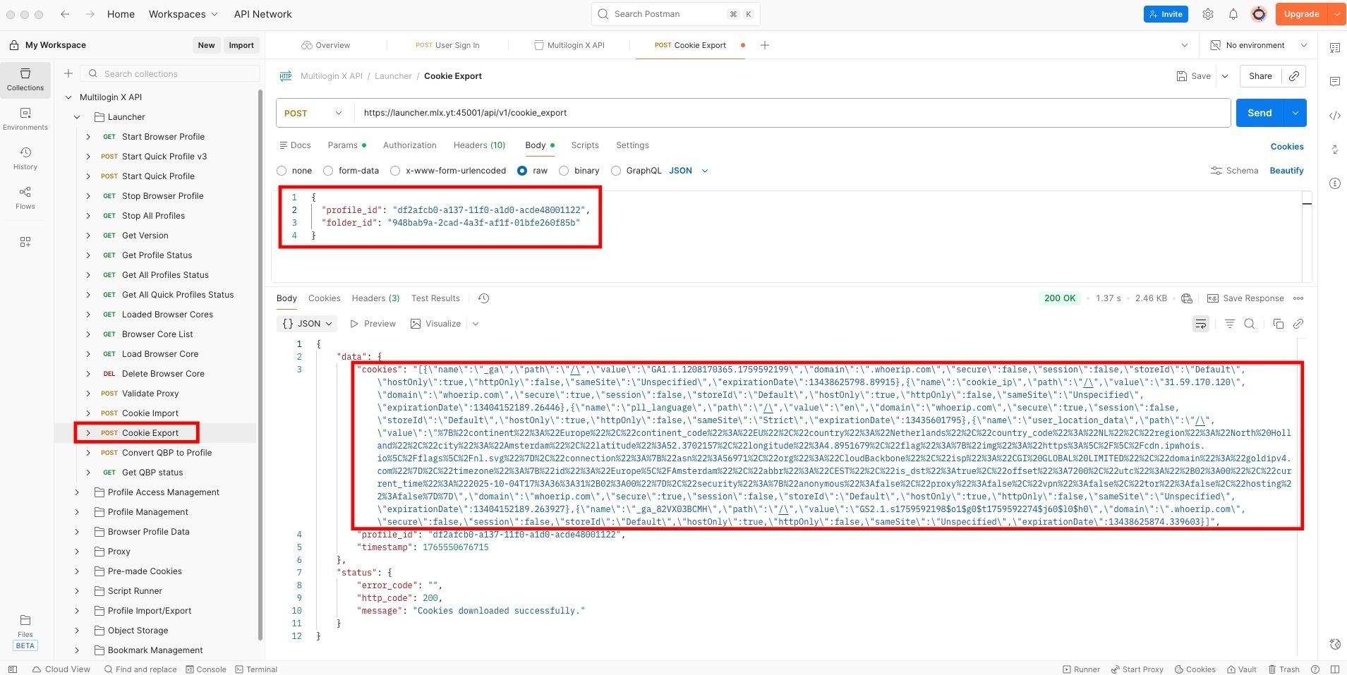 How to export Multilogin cookies with Postman reference visual 2