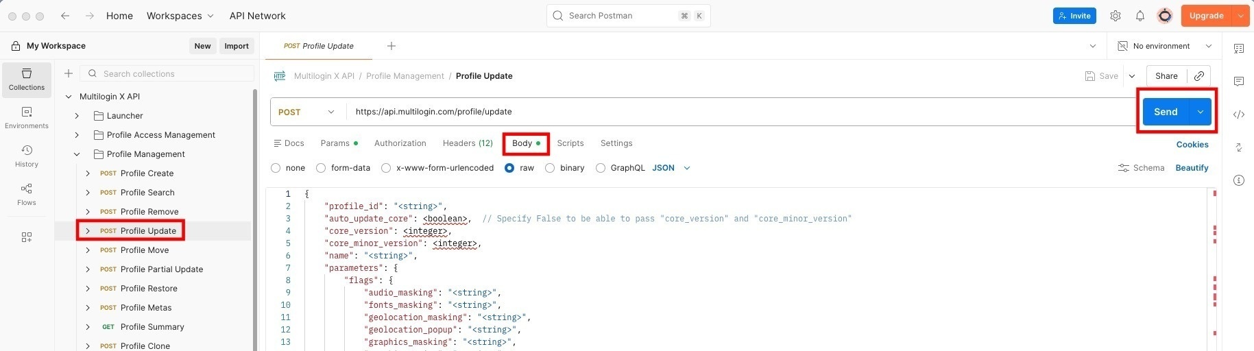 How to update a Multilogin profile with Postman reference visual 1