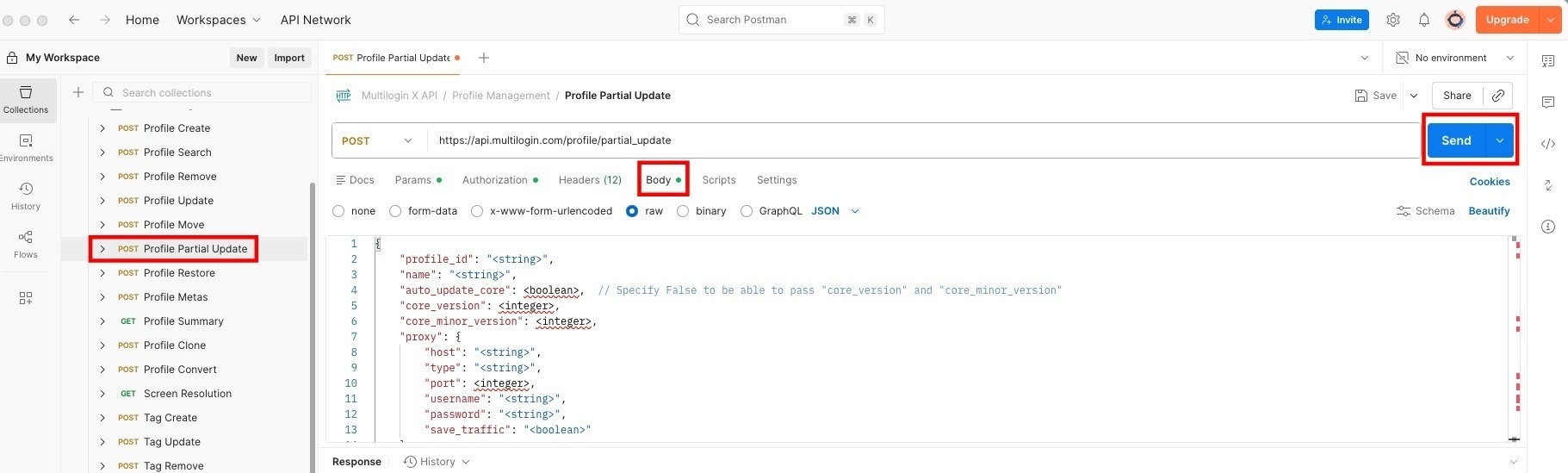How to update a Multilogin profile with Postman reference visual 2